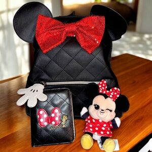 Disney Minnie Mouse Women’s Quilted Mini Backpack Black & RedW/ Matching Wallet